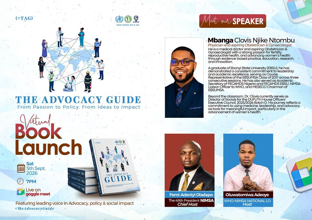 NiMSA_WHO_SW's tweet photo. A passionate physician and emerging voice in women’s health, leadership and advocacy is joining us to bring a fresh perspective to The Advocacy Guide. 🩺🌍📖

Meet Dr. @MbangaClovis, a physician and aspiring Obstetrician &amp; Gynaecologist dedicated to advancing fertility. https://t.co/ccpOMAW0wa