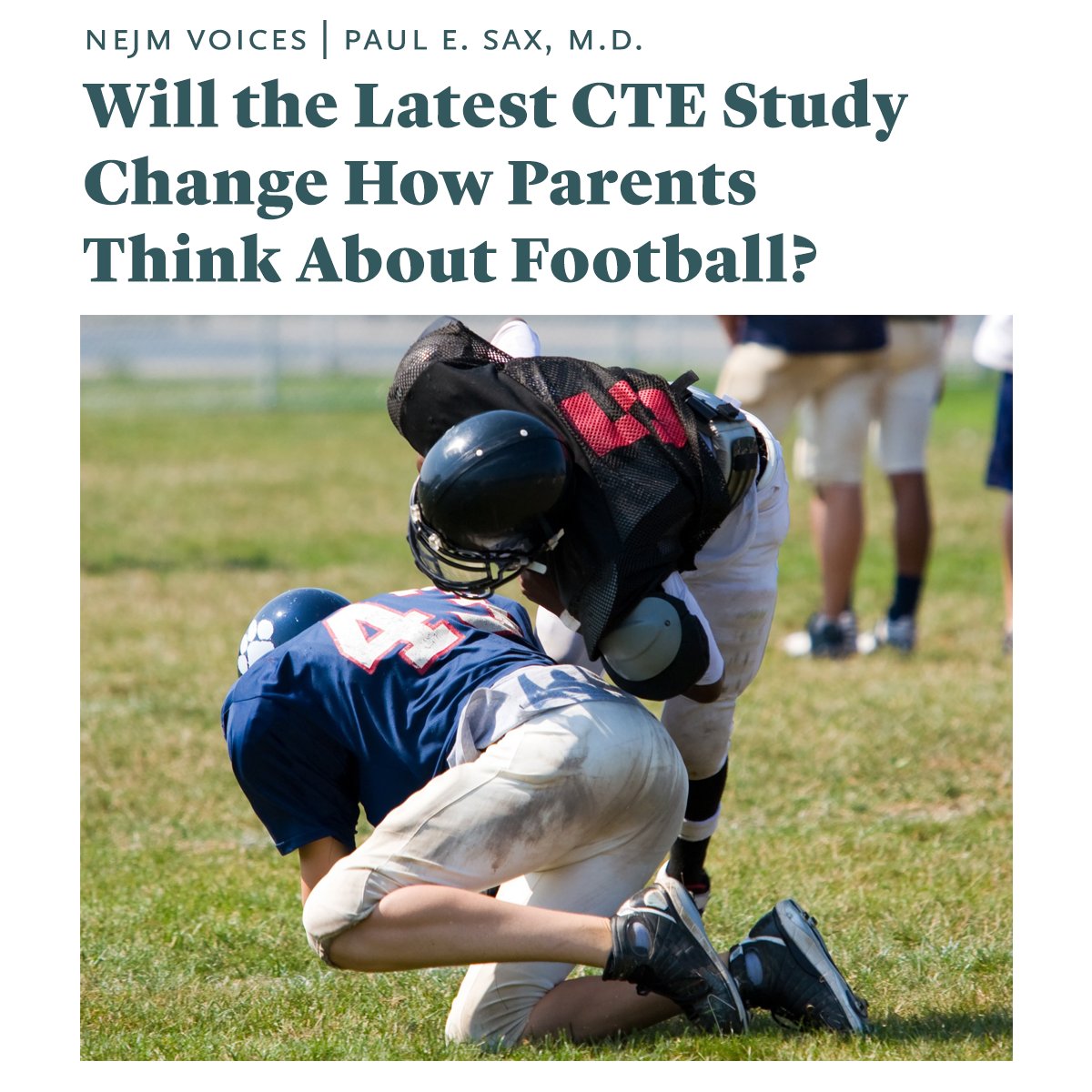 NEJM's tweet photo. A new chronic traumatic encephalopathy study won’t change football overnight, writes @PaulSaxMD in a new NEJM Voices blog post, but it may inform the conversation parents have about whether their kids should play it. 

Learn more and sign up for email alerts: https://t.co/2FdcFrNWQv