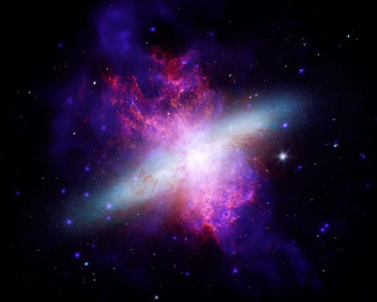 An irregular galaxy undergoing intense star formation because of a gravitational interaction with a neighboring galaxy hundreds of millions of years ago. Chandra X-rays (blue), supplemented by NuSTAR data, show towering superwinds of million-degree gas blowing thousands of light-years out of the galactic disk, with Hubble optical light (yellow, orange and white) showing the galaxy shape, and Webb and Spitzer detailing infrared dust emission (red). M82 was nicknamed the Cigar Galaxy mostly because of its edge-on angle to Earth, which makes its central disk look like an elongated, cigar-shaped oval with small optical telescopes. The galaxy illustrates how violent galactic "exhaust systems" can regulate a galaxy's growth by venting gas outwards. Image Credit: X-ray: NASA/CXC/SAO; Optical: NASA/ESA/STScI; Infrared: NASA/ESA/CSA/STScI; Image Processing: NASA/CXC/SAO/L. Frattare, J. Major, and K. Arcand