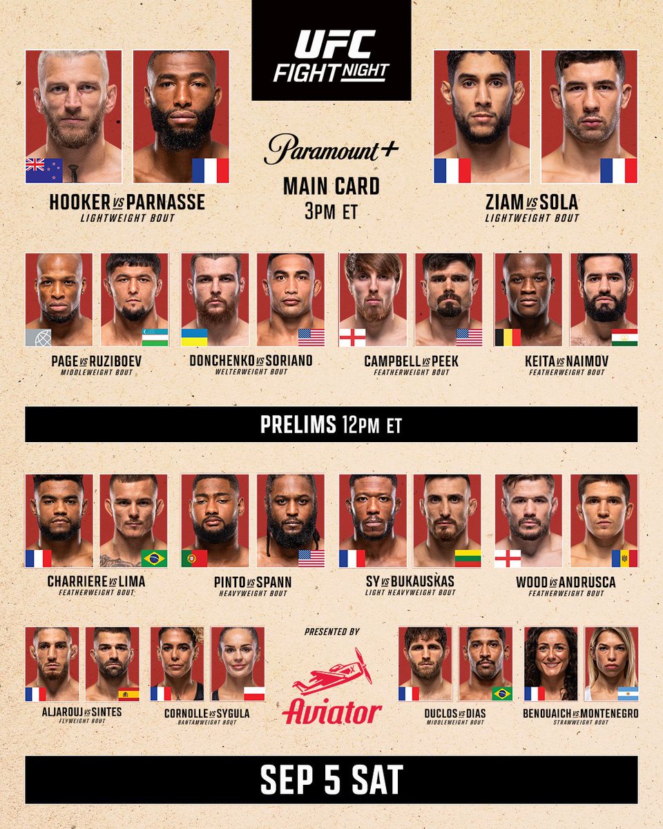 ufc's tweet photo. IT GETS THE PEOPLE GOING 🇫🇷
 
PRELIMS ⏰ 12pmET
MAIN CARD ⏰ 3pmET
 
[ #UFCParis | LIVE on @ParamountPlus | B2YB @Aviator_Spribe ] https://t.co/9tpoNZcFCp