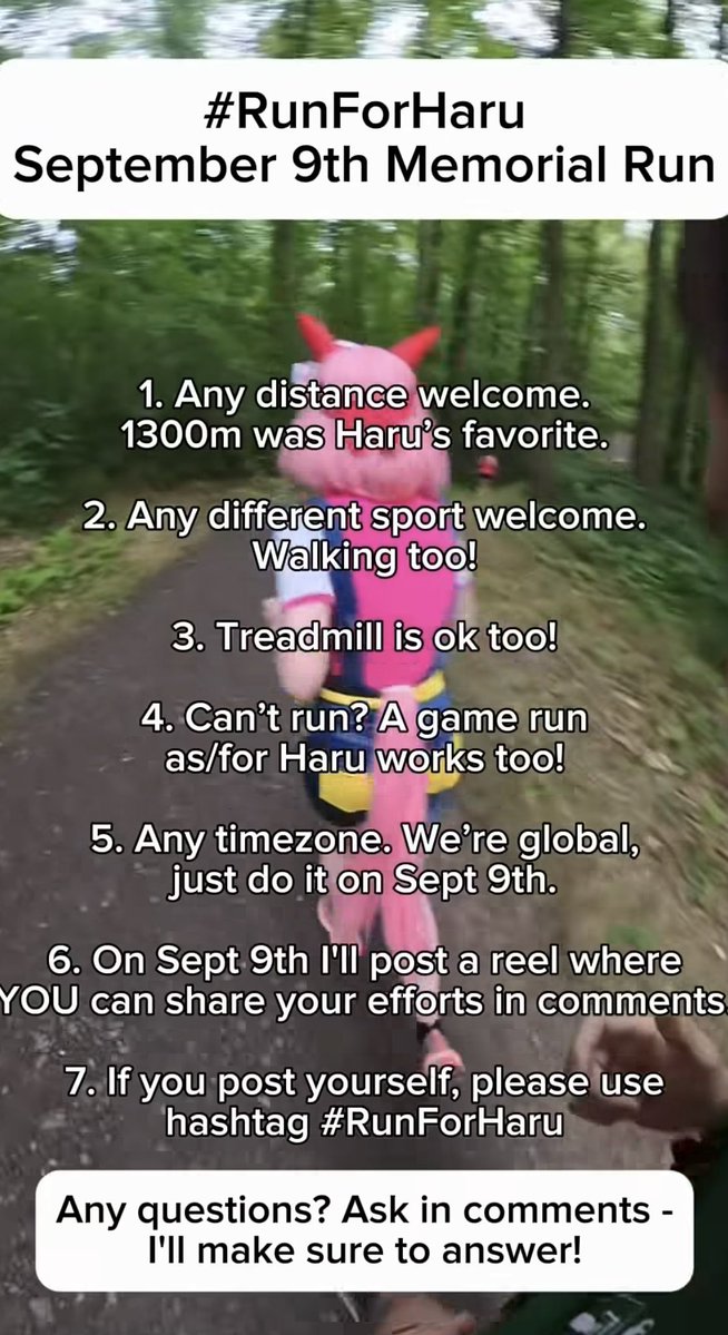 AniOutdoor's tweet photo. There is a cosplayer who runs as Haru organizing a memorial run for the first anniversary of her passing https://t.co/3kmMUcMEAo