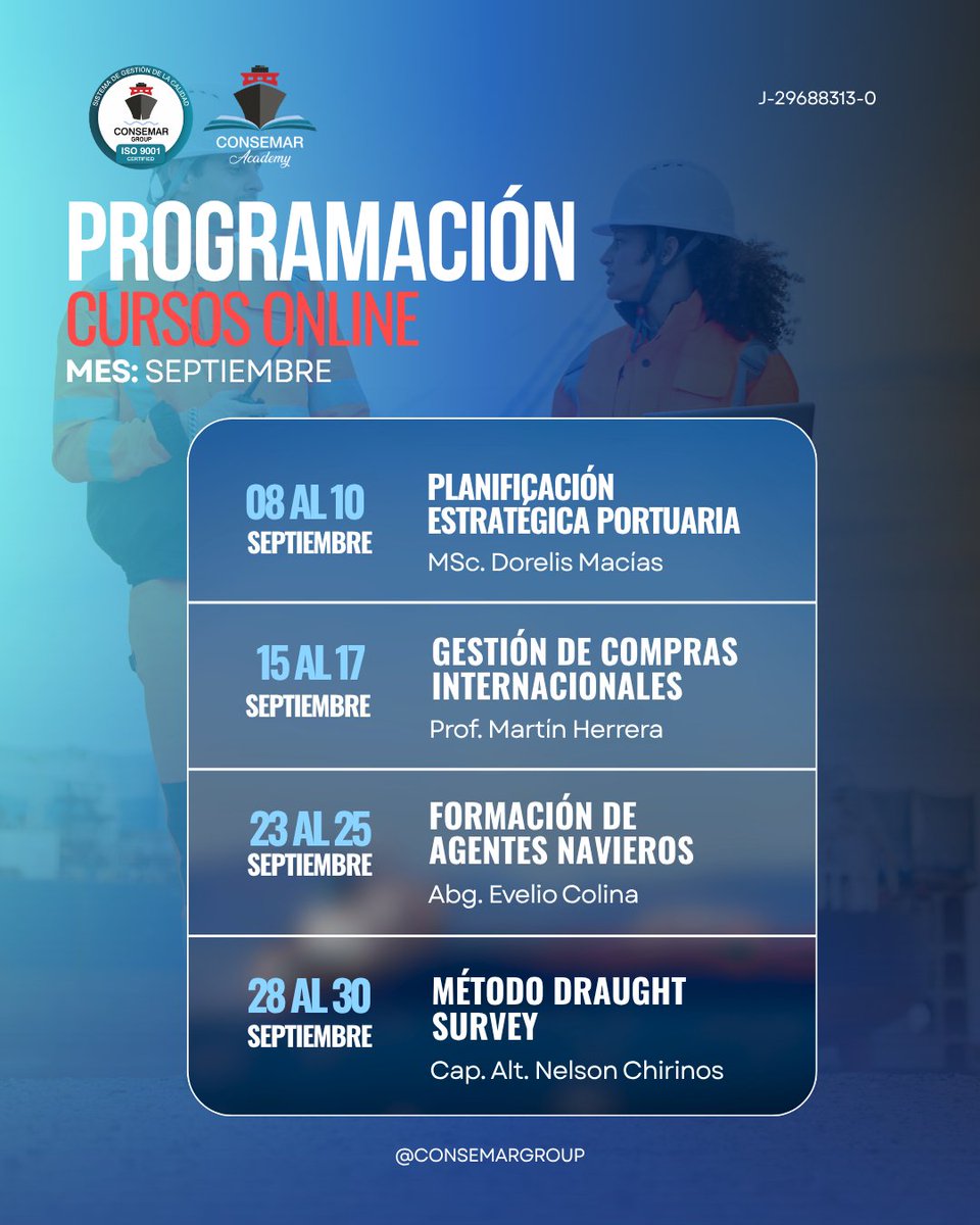 consemargroup1's tweet photo. 📚⚓ ¡SEPTIEMBRE VIENE CON NUEVOS CONOCIMIENTOS!

En Consemar Academy seguimos apostando por la formación y actualización de los profesionales del sector portuario y marítimo. 🌊🚢

#ConsemarAcademy #ConsemarGroup #CursosOnline #FormaciónProfesional #SectorPortuario https://t.co/NtgcTeAEmk