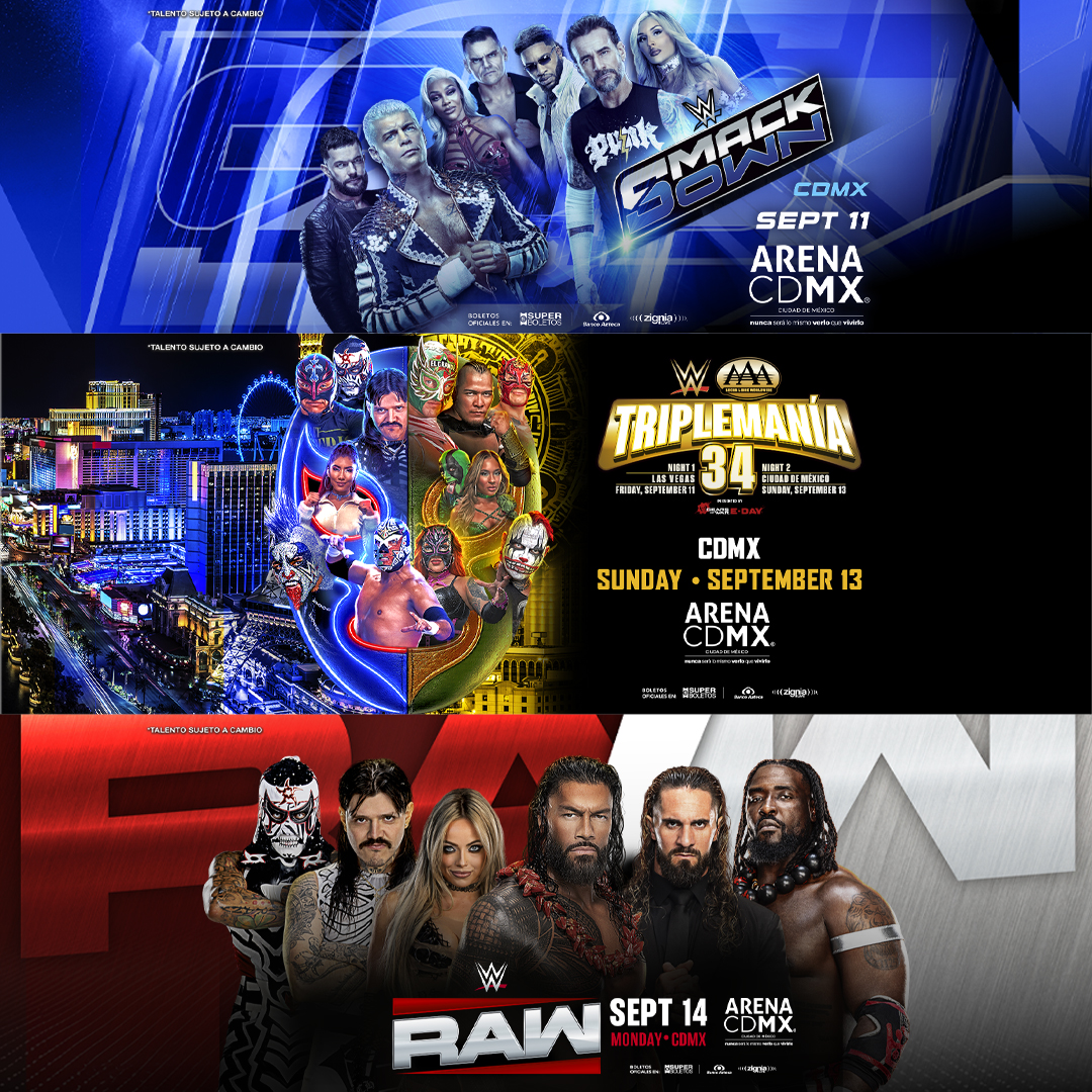 wweespanol's tweet photo. Estamos a una semana de recibir #SmackDown, #Triplemania y #WWERaw en la Ciudad de México, ¿Están listos? 🫵😎🇲🇽

ADQUIERE TUS BOLETOS: https://t.co/6f0ezaIHcZ https://t.co/m1GWTcoBEi