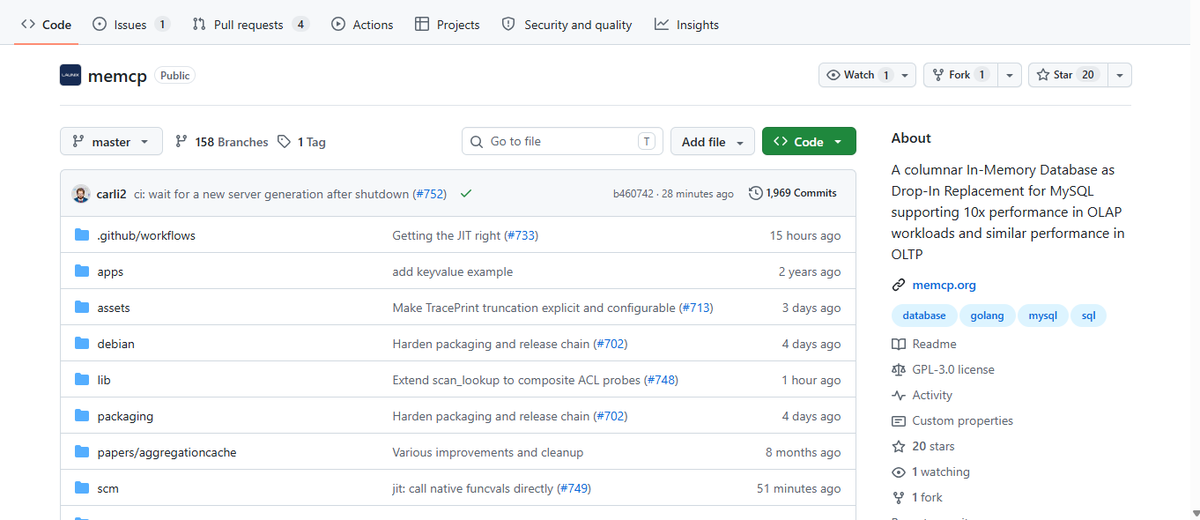 shizzy_digital's tweet photo. 🚀 Meet MemCP — an open-source columnar in-memory database built for high-performance SQL workloads.

⚡ Faster analytics
🔥 MySQL-compatible
📦 Persistent in-memory architecture
Explore the project: https://t.co/5zx9Dpxwux
#OpenSource #Database #Golang #MySQL #SQL #DevTools https://t.co/ffUW81vX6z