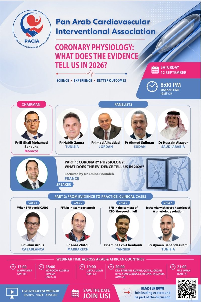 AlkashkariWail's tweet photo. 🫀 CORONARY PHYSIOLOGY: WHAT DOES THE EVIDENCE TELL US IN 2026?

Join The Pan Arab Cardiovascular Interventional Association #PACIA for a LIVE webinar with top experts from Morocco, Tunisia, Jordan, Sudan, KSA & France.

Sat 12 Sept | 8:00 PM Makkah (GMT+3)
🔗 Register: 
https://t.co/Fmw3WH3VjO