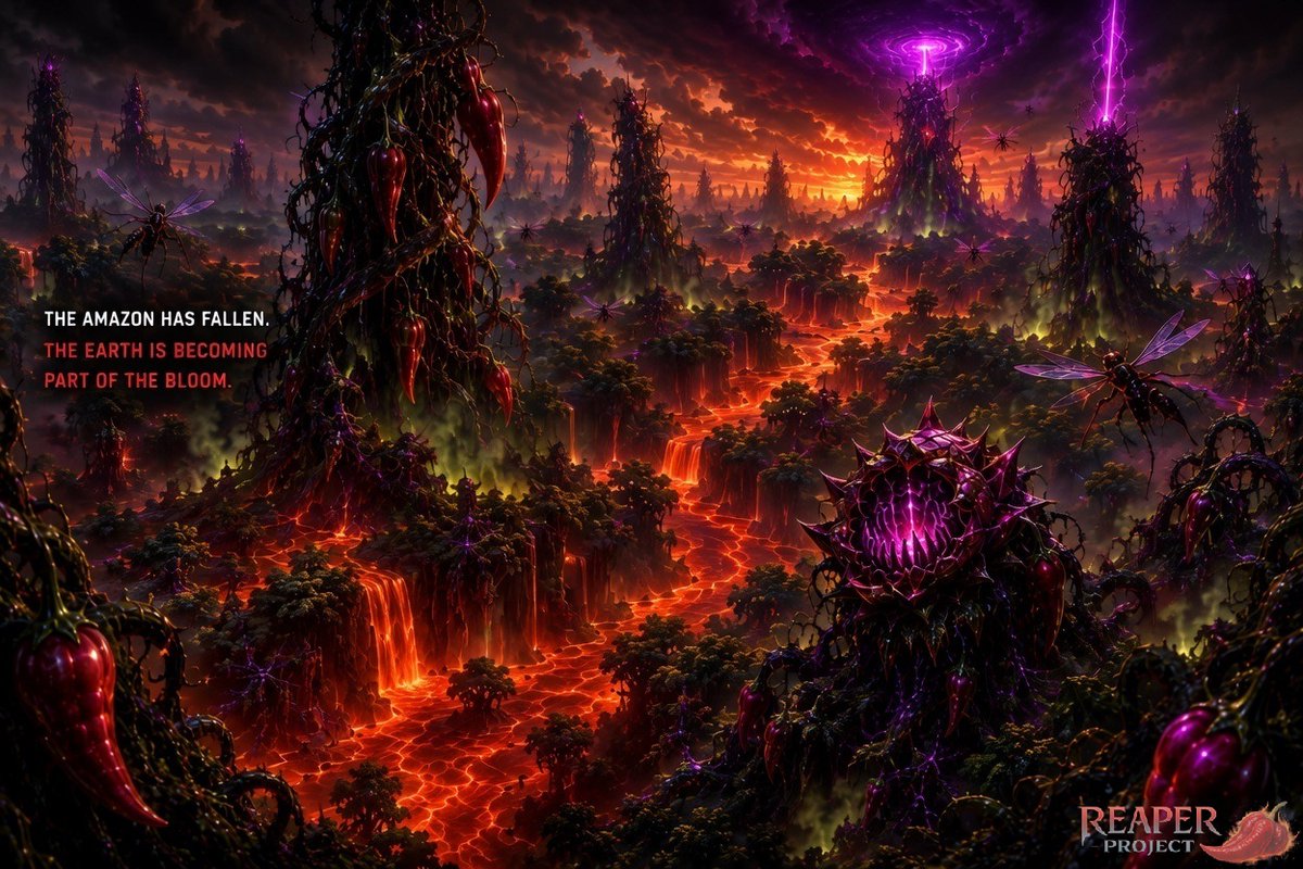 ReaperMan78's tweet photo. Week 2 Day 1: "Wildfire Bloom"

The Wildfire Bloom has begun. 🌶️🔥

What started as isolated Dominion corruption is no longer contained to Australia. Across Earth, forests are mutating simultaneously.

The Amazon rainforest has gone dark.

 Satellite feeds no longer penetrate the canopy. Entire river systems glow beneath the trees while root structures larger than cities continue spreading underground.

Reports confirm:
• Trees transforming into towering chilli structures
• Rivers thickening into capsaicin sludge
• Predator flora attacking wildlife and survivors
• Massive heat signatures moving beneath forests

The Earth is adapting to the Dominion. Or surrendering to it.

The Scorpion Dominion is no longer invading Earth. Earth is becoming part of the Bloom.

#Earthfall #ScorpionDominion #ReaperProject #Web3Gaming #InfernalHarvest #solanagem