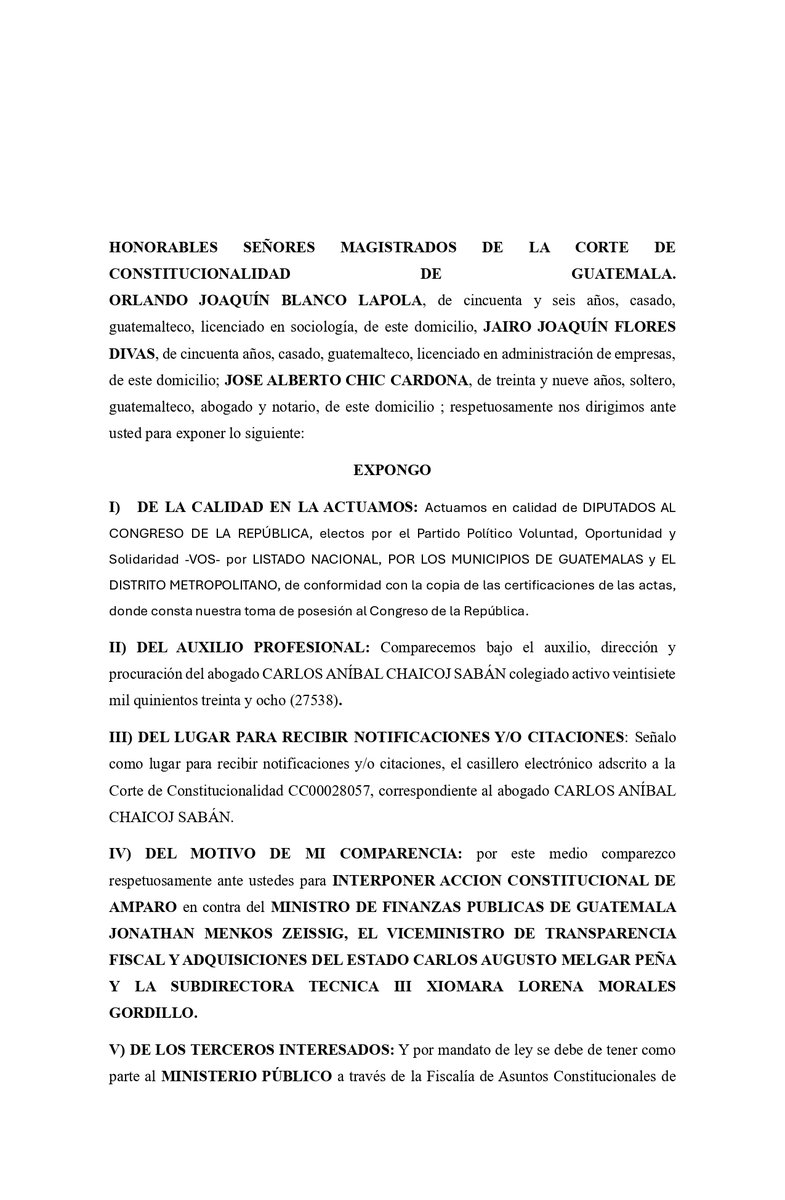 jovannagarcon's tweet photo. 🚨 Presentan amparo ante la CC por cambios en Guatecompras

Los diputados de la bancada VOS, José Chic, Orlando Blanco y Jairo Flores, interpusieron una acción constitucional de amparo contra autoridades del Ministerio de Finanzas Públicas tras las modificaciones en la herramienta "Buscar un proveedor" del portal Guatecompras.