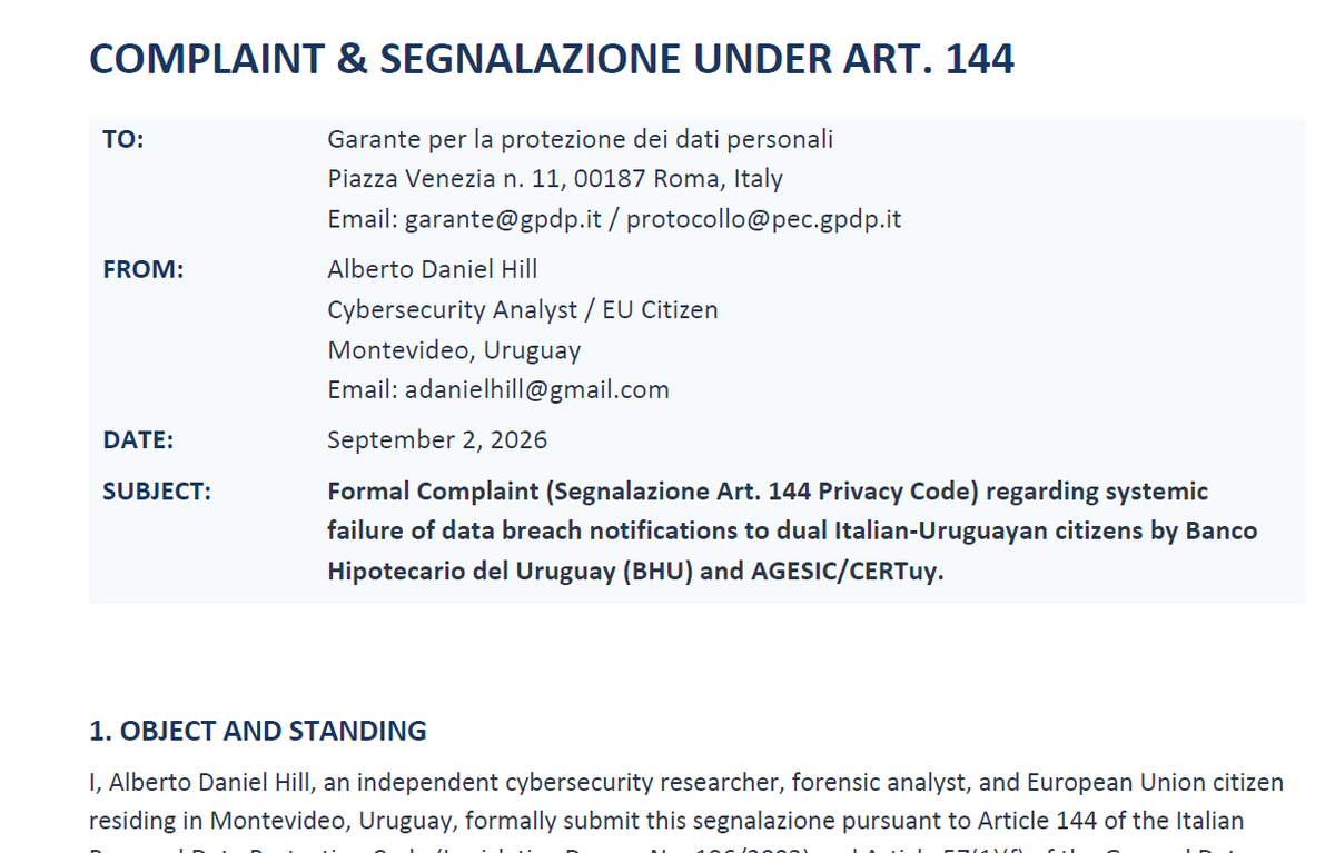 ADanielHill's tweet photo. Formal Complaint (Segnalazione Art. 144 Privacy Code) regarding systemic failure of data breach notifications to dual Italian-Uruguayan citizens by Banco Hipotecario del Uruguay (BHU) and AGESIC/CERTuy.
@ccc @EFF @anticorruption @vecertradar
#URUGUAY #InfoSec #HabeasData #Law18331