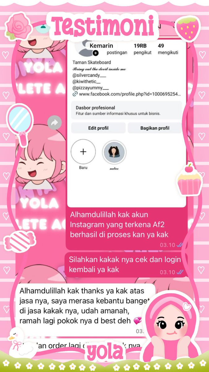 kvesini's tweet photo. JASA PEMULIHAN AKUN/DELETE AKUN, BERGARANSI RESMI GUYSS

KENDALA :#zonajajan
🌷PULIHKAN CHT WA LAMA
🌷JASA SADAP WA/IG
🌷LUPA PASWORD &amp; LUPA DATA2
🌷JASA HAPUS AKUN ALL SOSMED
🌷JASA PULIHKAN AKUN ALL GAME
GOGGLE ,GMAIL,INSTAGRAM,TWITER, FB,TIKTOK,DLL #zonauang

Fast WA di BIO‼️ https://t.co/zuZ6EYhXvI
