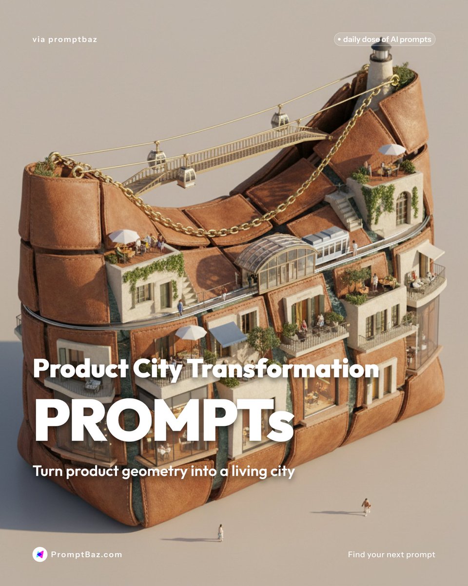 promptbaz's tweet photo. What if your product became an entire city?

Preserve the design. Let streets, buildings, and people grow from its shape.

Save the prompt.

#AIPrompts #ProductPhotography #MiniatureWorld #PromptBaz https://t.co/IbuMopJfXp