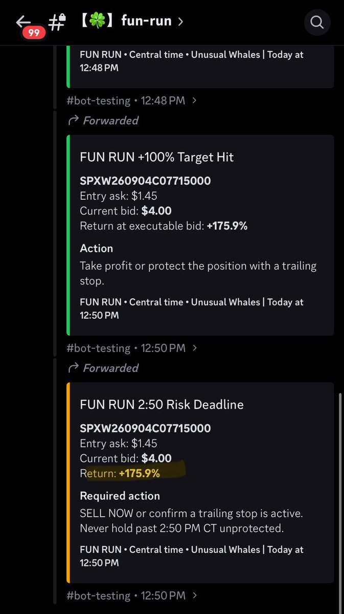 RealBubblesX's tweet photo. the Fun Run strategy that myself &amp; @ElonMothz have perfected over the years has now been fully automated to post alerts for BDT members.

today it gave us SPX 7715c from 1.45 -> 4.0, thats a 175.9% gain in less than 9 minutes. https://t.co/PLsjvVO7vH