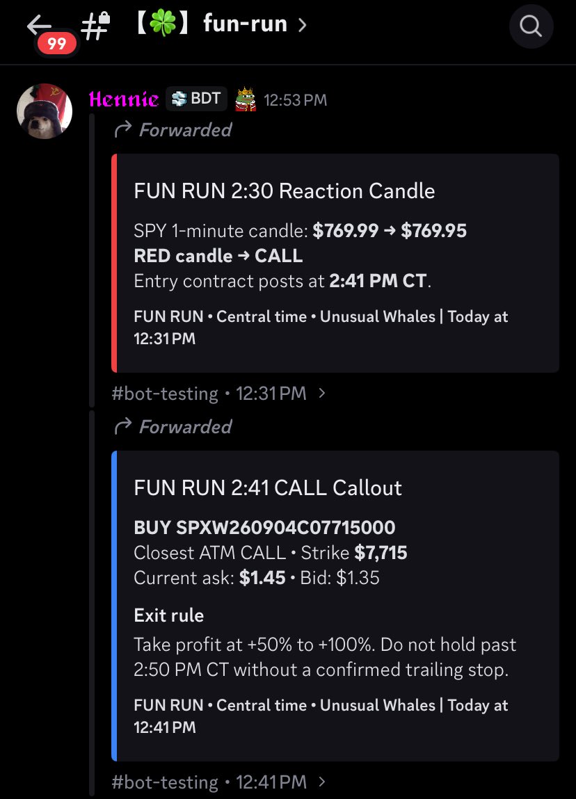 RealBubblesX's tweet photo. the Fun Run strategy that myself &amp; @ElonMothz have perfected over the years has now been fully automated to post alerts for BDT members.

today it gave us SPX 7715c from 1.45 -> 4.0, thats a 175.9% gain in less than 9 minutes. https://t.co/PLsjvVO7vH