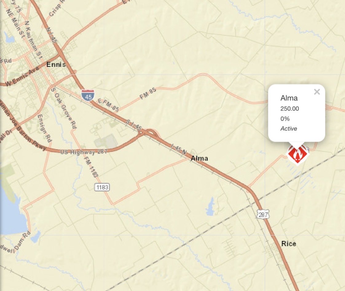 AllHazardsTFS's tweet photo. Alert: Texas A&amp;M Forest Service is responding to a request for assistance in Ellis County on the #AlmaFire. The fire is an estimated 250 acres and 0% contained. #txfire https://t.co/DTxbxCW0QY