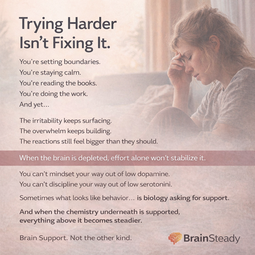 SNAP4ADHD's tweet photo. Struggling despite boundaries and hard work?
Effort can't fix a depleted brain.
Mindset won't adjust low dopamine/serotonin or chronic stress.
Support the biology, not just behavior. Achieve steadier—not perfect—balance.
#BrainSteady #BrainSupport #EmotionalRegulation https://t.co/gkctV9zneX