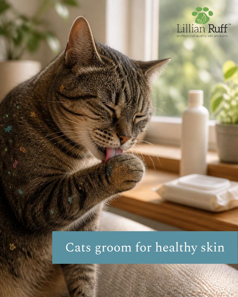 Lillian__Ruff's tweet photo. Fact: Adult cats groom to spread beneficial skin bacteria, helping suppress pathogens—overbathing or strong antiseptics can harm this balance and raise infection risk. Use microbiome-friendly wipes &amp; shampoos to support natural skin flora. #pet #cats Tap the link in bio. https://t.co/slYMVdsqRW