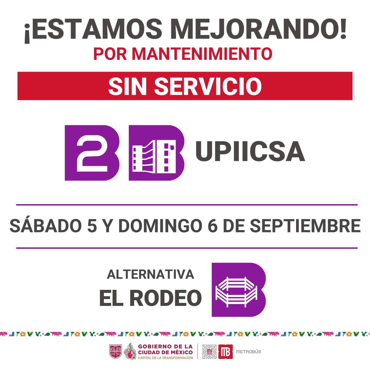MetrobusCDMX's tweet photo. 🔔¡Tómalo en cuenta! 

Por trabajos de mantenimiento, hoy sábado 5 y mañana domingo 6 de septiembre, la estación UPIICSA de Línea 2, no brindará servicio. 🚍🚧👷🏻‍♂️  

Más información en👇🏻🚍 https://t.co/3EhLMMBreh https://t.co/Rg8XxH9dw8