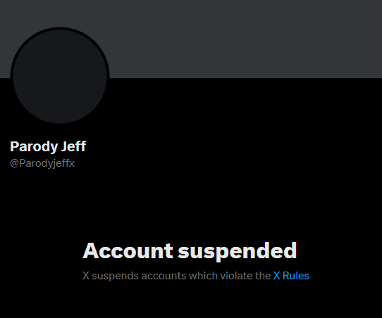 MmisterNobody's tweet photo. Why did Parody Jeff get suspended? 

"Free speech" platform

@X  @Support  @premium https://t.co/hwv3kEhbpH