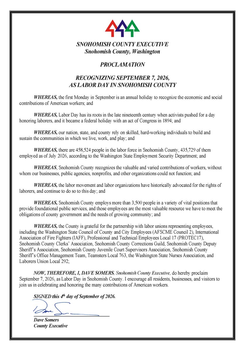 snocounty's tweet photo. Snohomish County offices will be closed on Monday, September 7, in observance of Labor Day. 

The County employs more than 3,500 people in a variety of vital positions that provide foundational public services, and those employees are the most valuable resource we have to meet the obligations of county government and the needs of a growing community. 

Read the full proclamation from Executive Dave Somers: