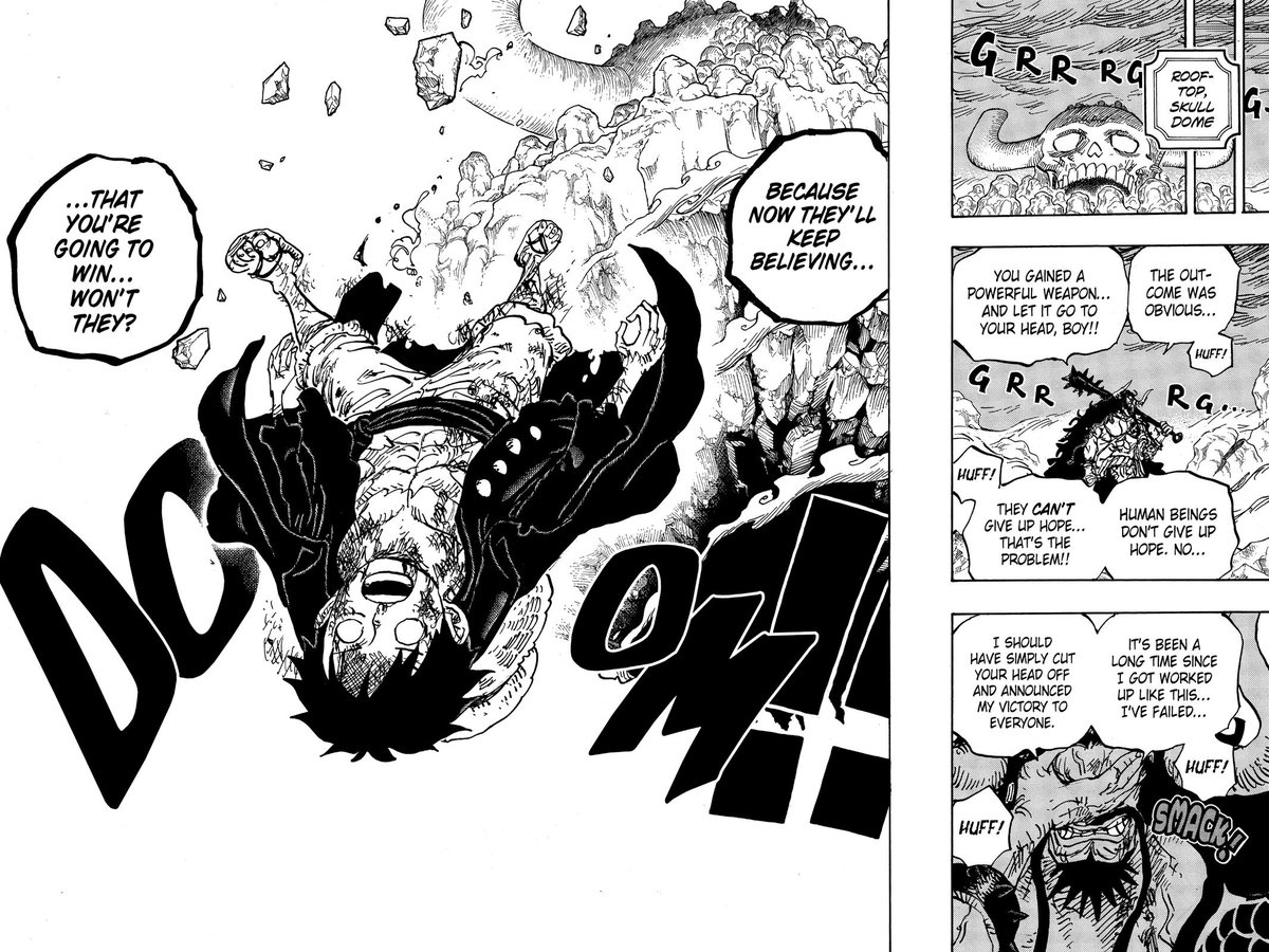 dekuopioids's tweet photo. one of my favorite things about wano is that kaido says he needs to cut off luffys head in order to win the war but the next time he beats luffy, he just leaves his dead body on the roof without showing anybody #goda https://t.co/GHCXZT2Tdb