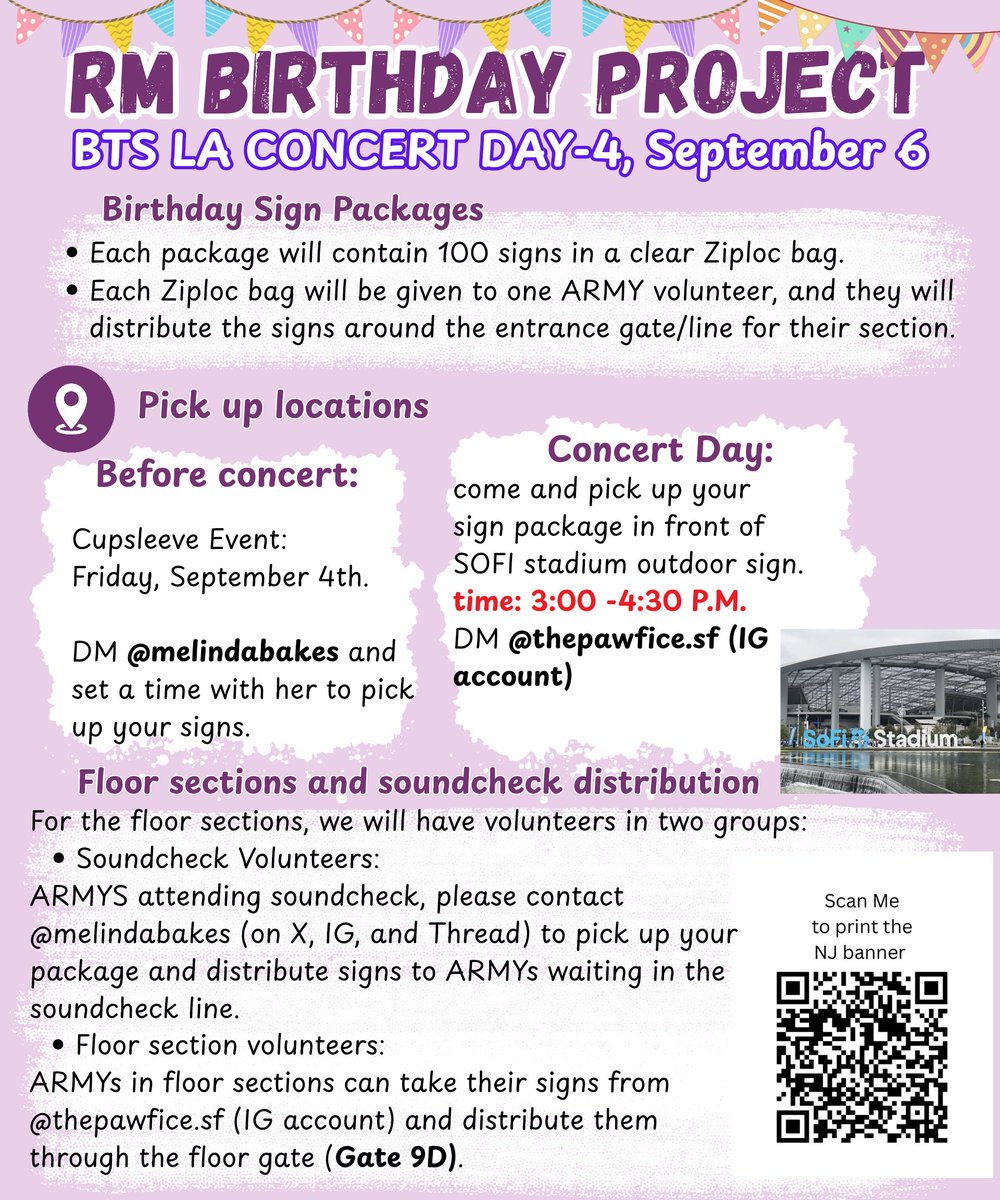 RMMoonchild101's tweet photo. 🆘🚨 RM LA BIRTHDAY PROJECT UPDATE 🚨🆘

ARMY, please take note of these important updates! ‼️💜

1️⃣ Volunteer ARMYs on our list can pick up their signs from Lena: @/thepawfice.sf on IG. Please make sure to arrive on time for pickup.

2️⃣ We’ve added a barcode to the poster! You can now scan it and print your birthday sign yourself. 🎂💜

📢 Please help us spread this updated poster everywhere so more LA ARMY can join and celebrate RM’s birthday with us! 🐨💜

Please RT & share! 🔄💜

#RM #Namjoon #RM_Day #RM_Birthday