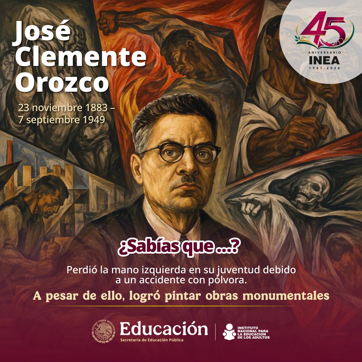 INEAmx's tweet photo. 🔥 Los muros de José Clemente Orozco no fueron simples superficies para decorar. En ellos expuso conflicto, desigualdad, poder y una mirada crítica sobre la condición humana.
Su obra conserva la intensidad de un artista que convirtió espacios públicos en lugares para mirar. 🖌 🖼 https://t.co/nhYUbQUbGK