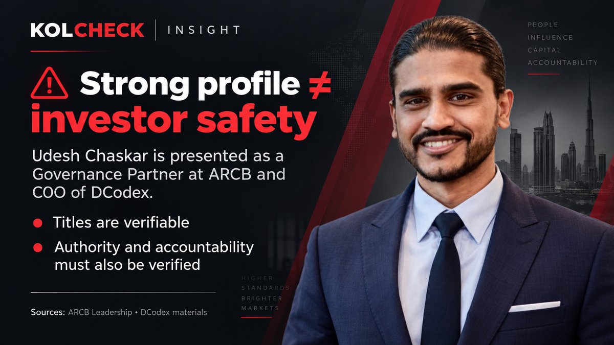KOLCHECKintel's tweet photo. A strong profile is not a substitute for evidence

⚠️ A strong profile does not guarantee investor safety. ARCB presents @udeshchaskar  as a Governance Partner; DCodex presents him as COO. Due diligence should examine not only titles, but actual authority and accountability. https://t.co/TSJr8Y2P7F