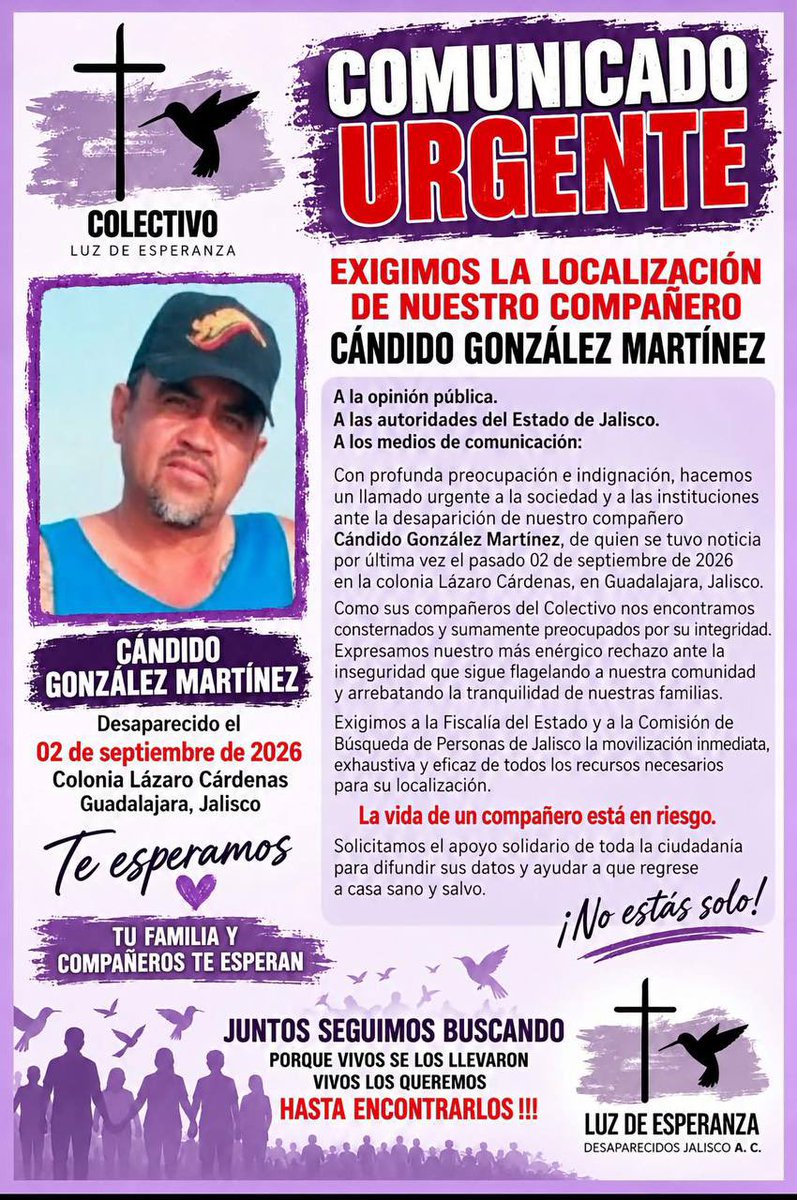 ZonaDocs's tweet photo. #Urgente Padre buscador desaparecido en Jalisco. 🚨

El colectivo Luz de Esperanza denuncia la desaparición de su compañero Cándido González Martínez, padre de Jesús Enrique González Salazar, desaparecido en 2023. https://t.co/06Czl6LZ9j