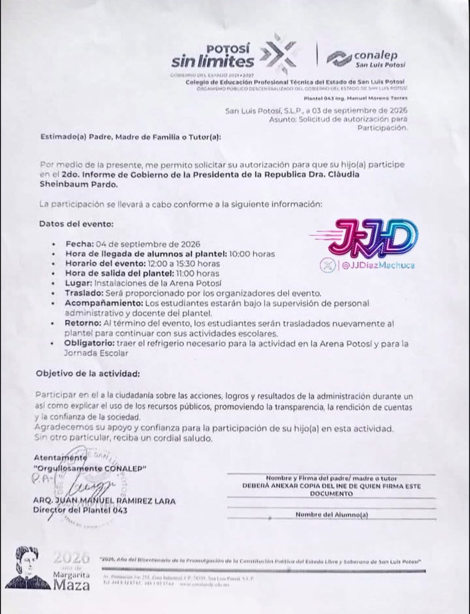 MLopezSanMartin's tweet photo. Acarrearon alumnos para el 2do. Informe de Sheinbaum en SLP

El Conalep 043 pidió permiso a padres para llevar estudiantes a la Arena Potosí

Los sacaron de clases y les pusieron transporte. Así llenan artificialmente los eventos de la 4T

📷 @JJDiazMachuca https://t.co/qwPiHx7fzh