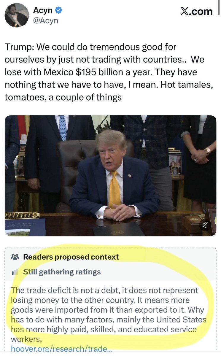 TheTNHoller's tweet photo. It would be nice if someone could explain this community note to him. Having a president with a basic understanding of how trade works doesn’t seem like a ton to ask. 

Meanwhile our farmers are getting crushed. https://t.co/HJoVgTEGW1