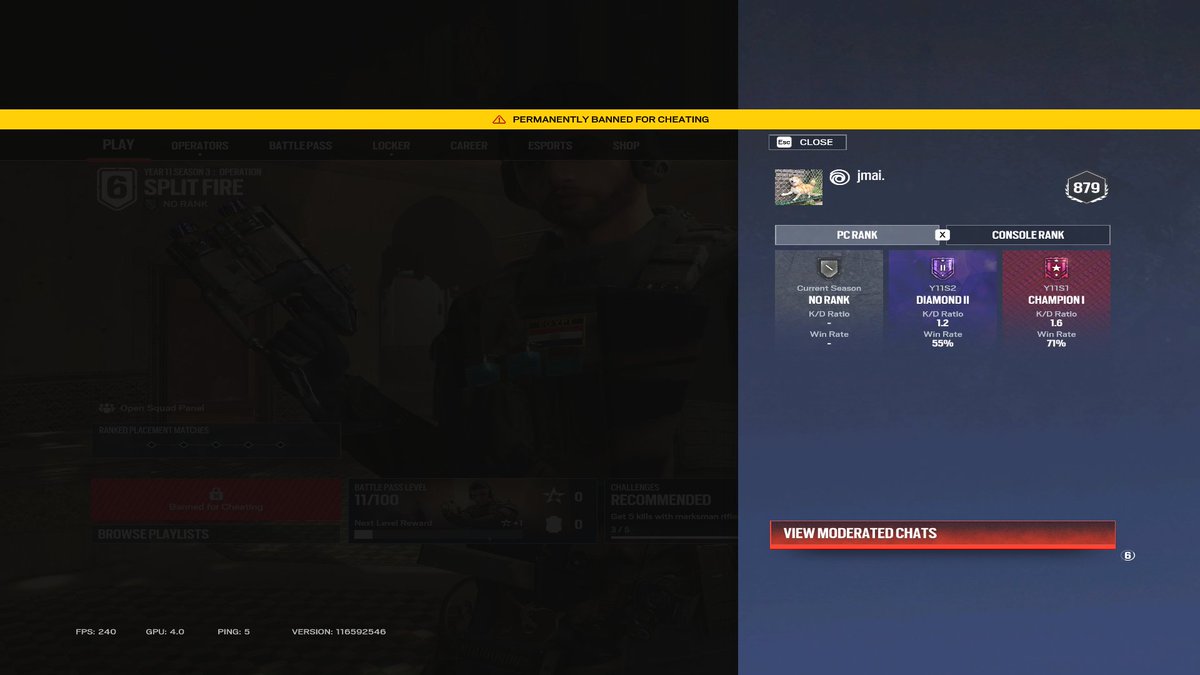 JmaiFPS's tweet photo. W 9 year old account gone because a 0.8kd diamond dev thought i was cheating @UbisoftSupport https://t.co/o8kBr8B3Na