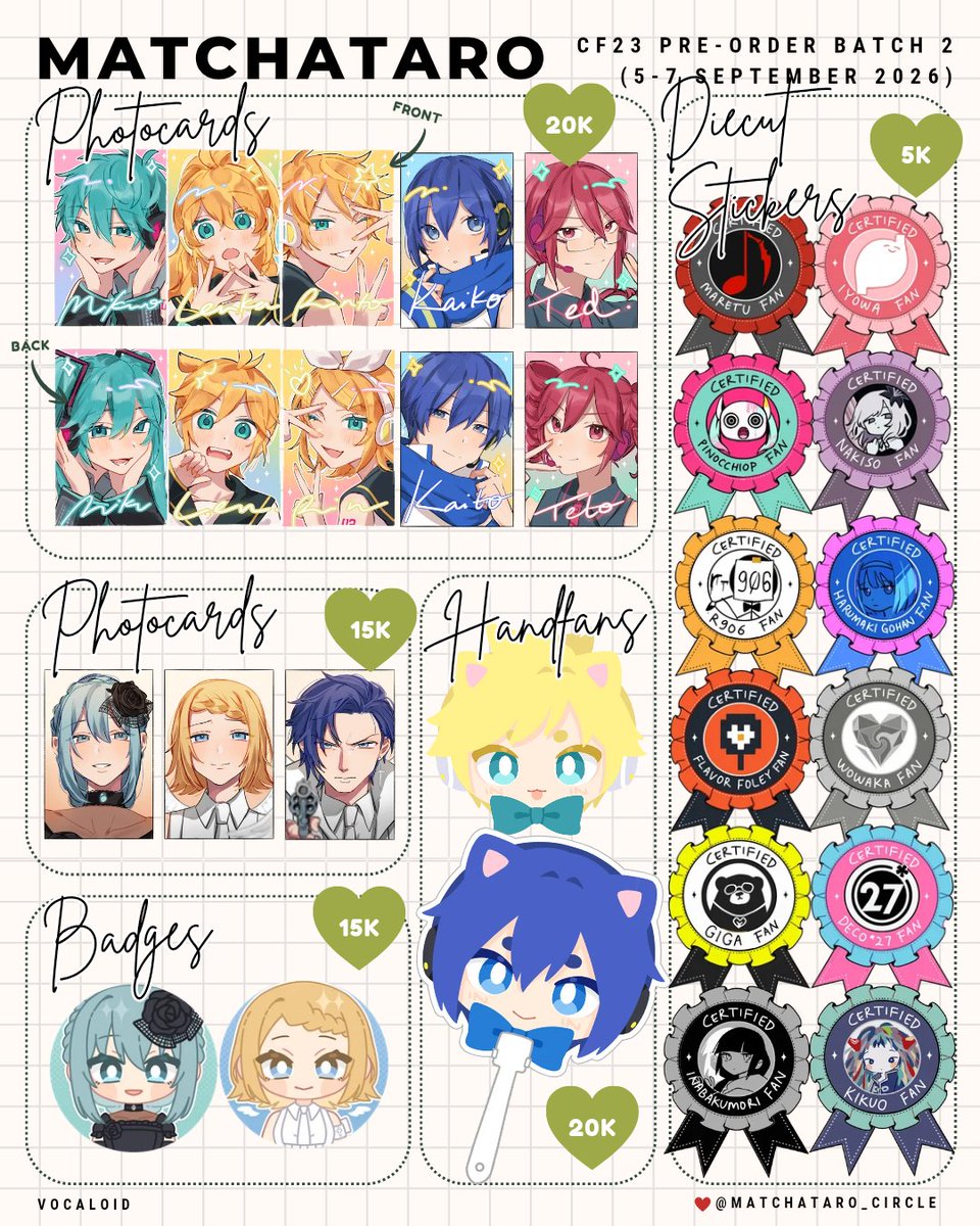 vgktzz's tweet photo. (🔁 &amp;♥️ are appreciated!) Here's our #CF23 PO batch 2 catalogue!

📆 5-7 September 2026
📍 matchataro – no. booth TBA (both days)
🛍️ Pick up: https://t.co/5YtE0vfYEY
✉️ Mail order: https://t.co/bFGnkJm4uV

Project Sekai, Vocaloid (1/2) #comifuro23 https://t.co/rGWGniOlQM