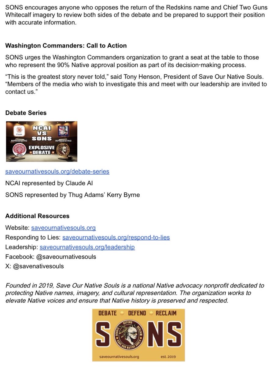 SaveNativeSouls's tweet photo. 🚨PRESS RELEASE - @SaveNativeSouls supports sale of Redskins merchandise &amp; issues Debate Challenge to @NCAI1944 in NCAI 2013 Report - debate content detailed. Links in 🧵@Commanders  @OpsEliteN8vKick @Cheering4Change @LaNativePatriot @thug_adams @AlGaldi @kevinsheehanDC https://t.co/KqqPGvKFMu