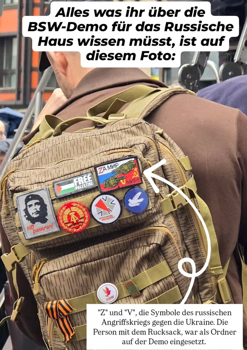 mi_stad's tweet photo. @isabella_hoyer hat auf der Bsw-Demo vor dem "Russischen Haus" das hier festgehalten: verbotene russische Propagandasymbolik z, v &amp; Georgsband. Daneben Che Guevara, DDR, Free Palestine... https://t.co/0thgNF3hlT