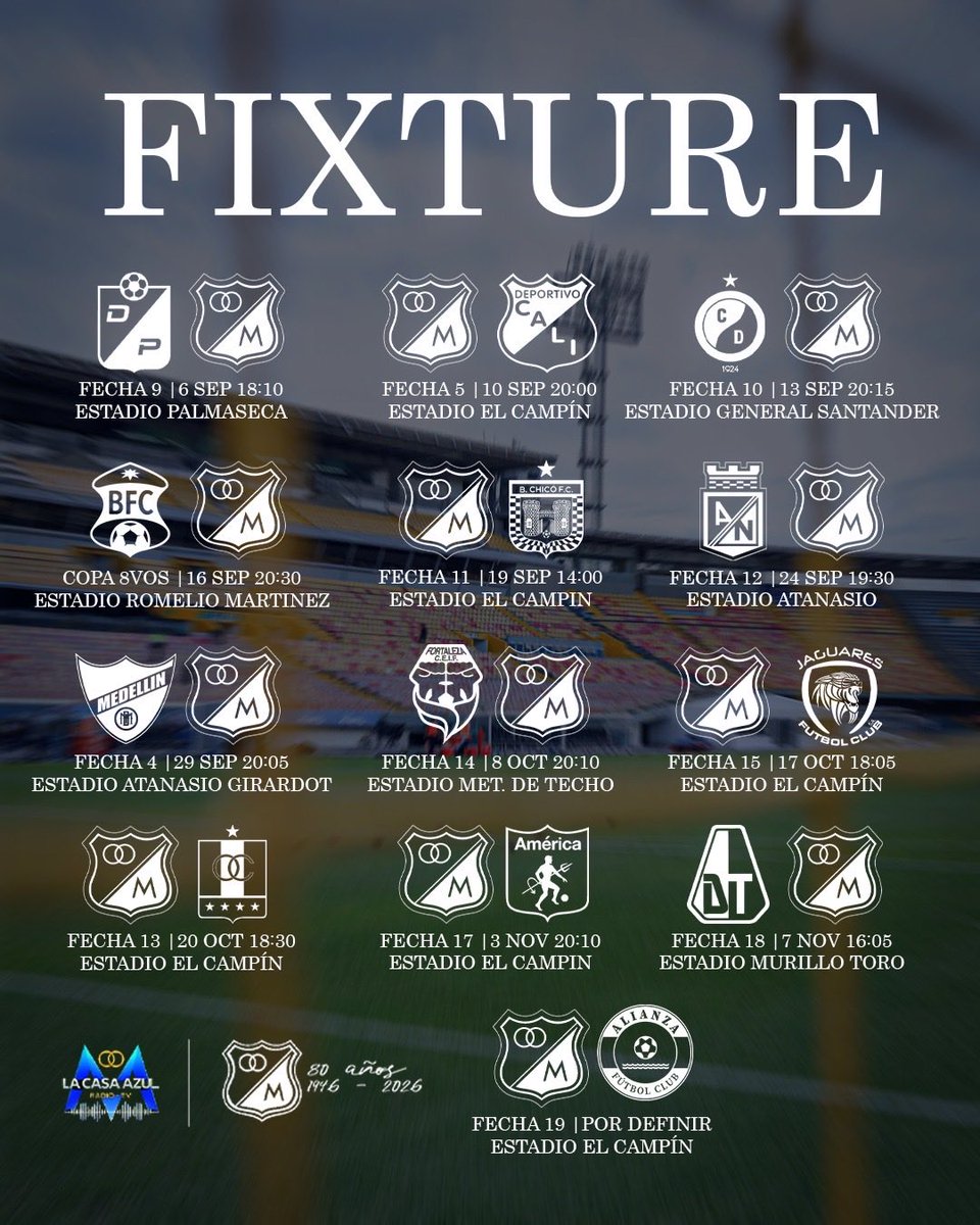 CasaAzulRadio's tweet photo. Ⓜ️ FIXTURE CONFIRMADOⓂ️

Millonarios ya tiene confirmados los enfrentamientos en el todos contra todos de la Liga BetPlay 2026 -2 . Además del encuentro de copa contra Barranquilla FC.

💙🤍VAMOS MILLONARIOS A SER CAMPEON🤍💙 https://t.co/cyCGeMo0aC