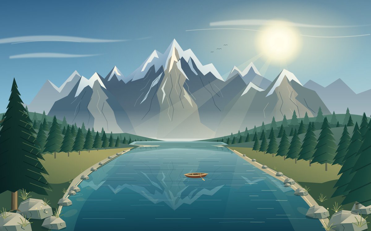 Astra-generated SVG of a mountain lake scene with mirrored reflections and detailed tree line