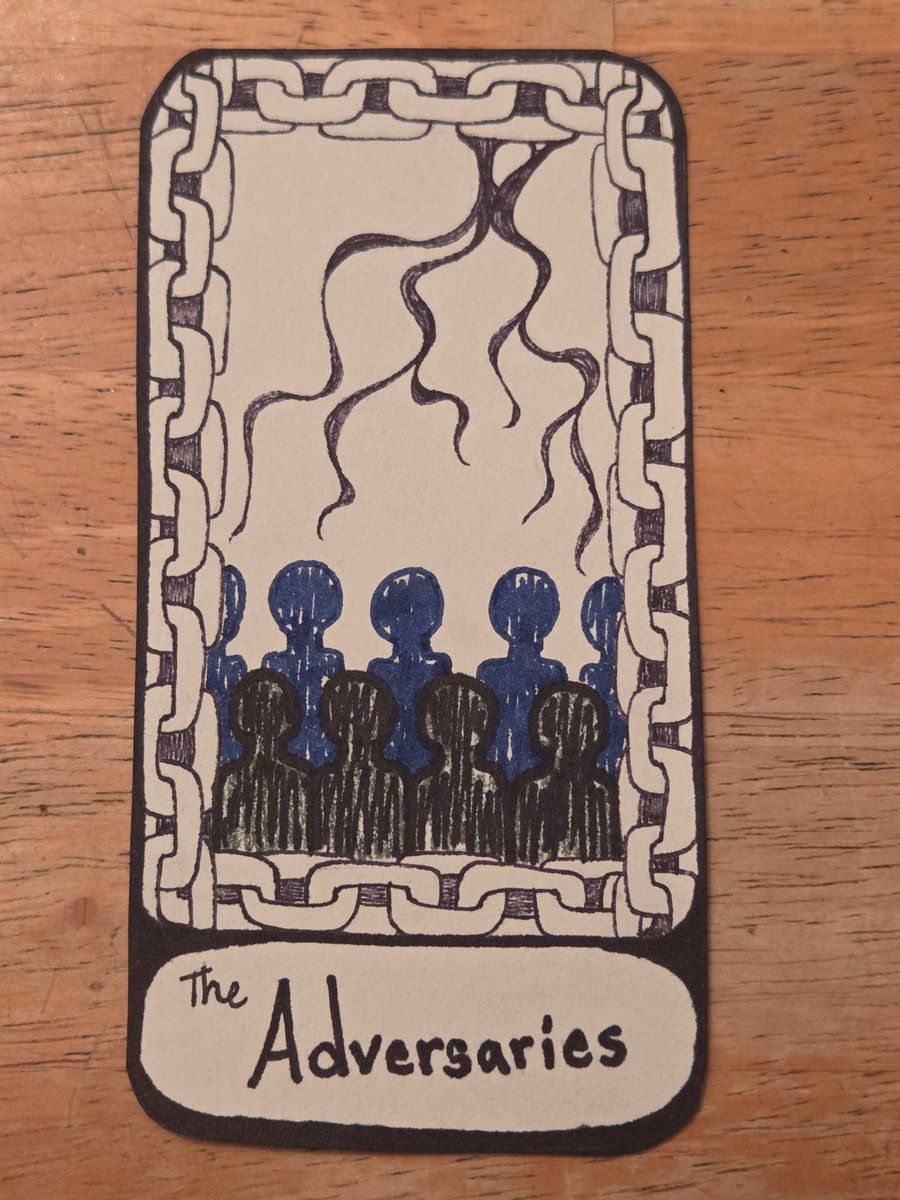 authordsalder's tweet photo. If MERE MORTALS: The King's antagonists were an Oracle card, they'd be The Adversaries. Their only goal is realm-wide corruption & the theft of what our MCs hold most dear by any devious means necessary. #writingcommunity #meremortalstheking #urbanfantasy #oraclecard #amquerying https://t.co/sENFHw9OBY