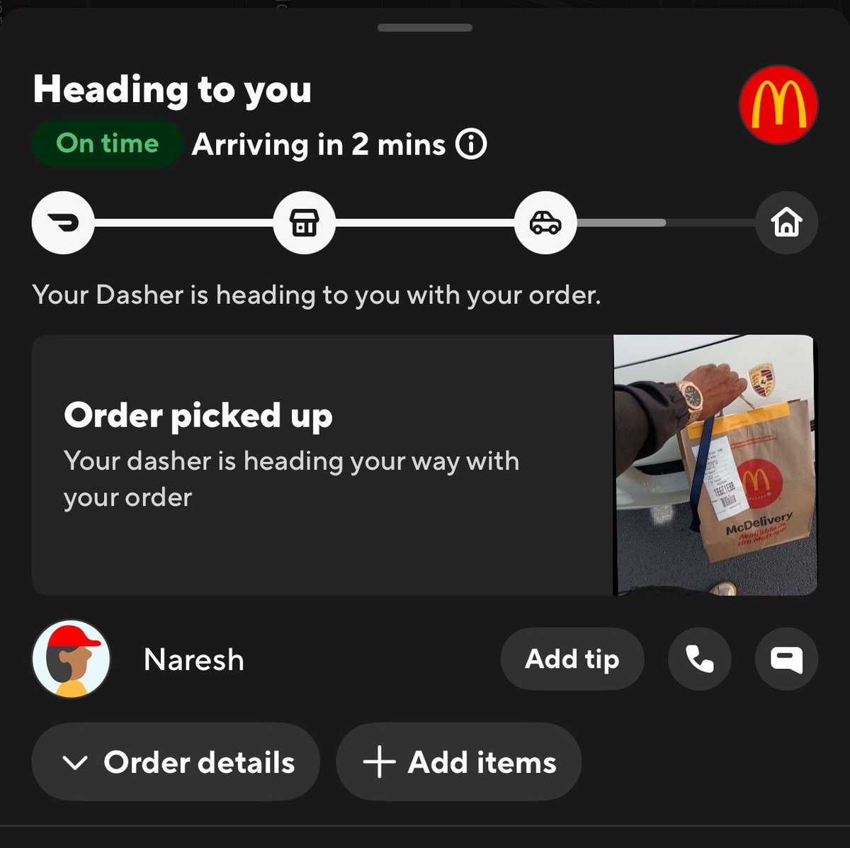 knackered4lyfe's tweet photo. my doordasher flexed his watch and Porsche in the picture of him picking up my food 😭😭😭😭 https://t.co/EWgi3bUqle
