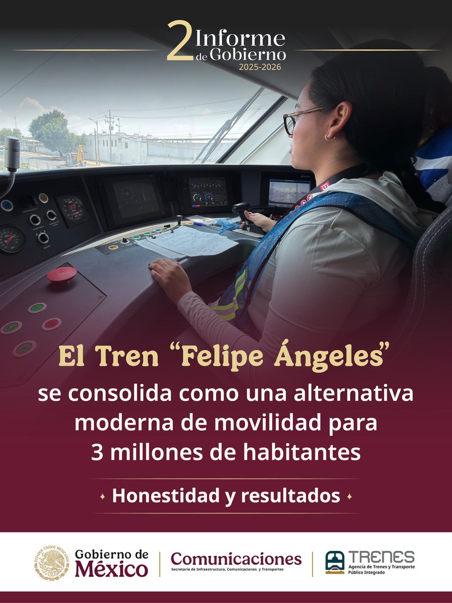 TrenesMX's tweet photo. Con el #TrenFelipeÁngeles ayudamos a miles de personas a llegar a sus hogares, escuelas y centros de trabajo en un transporte amigable con el medio ambiente, seguro y cómodo. 🚊

#HonestidadYResultados 🇲🇽 https://t.co/O86oHHObkI