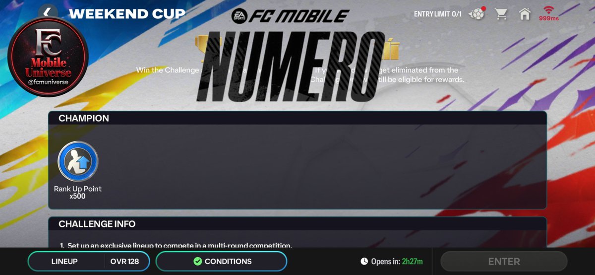 FCMUniverse's tweet photo. Numero Weekend Challenge Launches at next reset

500 Rank Up Points are up for grabs

@tutiofifa @EASFCMOBILE @FirstHalfYT @KJavierFM @FCthunder_EA @newcomerFM https://t.co/Kt0wKAP87I