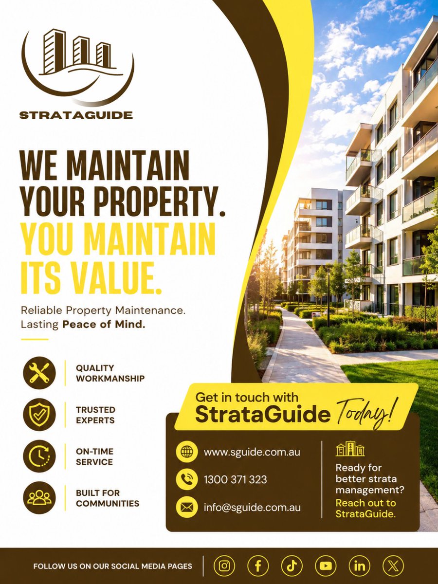 StrataGuide's tweet photo. We maintain your property, you maintain its value. Quality workmanship and on-time service protect the investment every owner shares. 🌐https://t.co/QveYQmkGfo ☎️1300 371 323 #StrataMaintenance https://t.co/gYpGeU8GhU