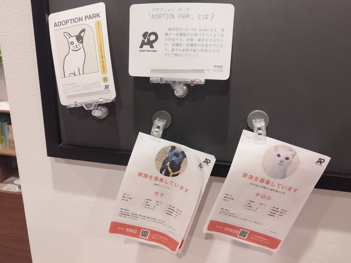 ko_hokunippaAH's tweet photo. 🐕ポスターを使った保護犬猫の家族探し🐈

院内の掲示板を使って、Do One GoodのADOPTION PARKという取組をしています。

簡単に言えば、印刷して、貼るだけでできる活動です！保護犬猫を知る機会が増えて、譲渡が進むことを願っています。

■ADOPTION PARK(外部リンク)
https://t.co/7htWQ6OYSL https://t.co/5USE7gcHXy