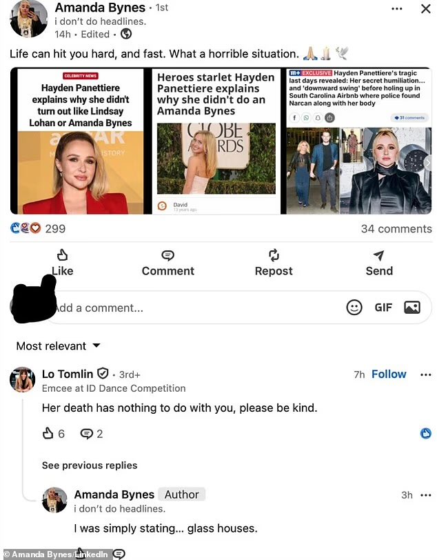 amabynesdaily's tweet photo. @DailyMail As a fan of Amanda Bynes, I wanted to make it very clear that Amanda Bynes never spoke out about the death of the angel Hayden Panettiere. This LinkedIn profile is not official; it's a scammer who pretends to be Amanda Bynes! Please don't share fake news.❗️ https://t.co/m3zRjaZfis