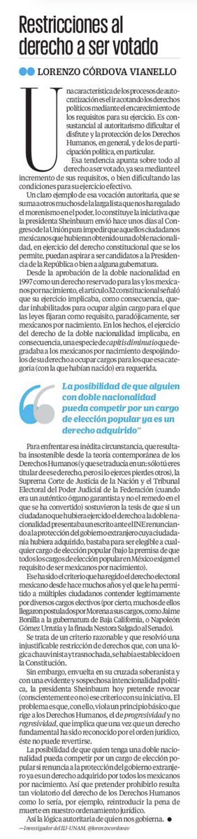 lorenzocordovav's tweet photo. Poder ser votado teniendo una doble nacionalidad si se ha renunciado a la protección del Estado extranjero es hoy un derecho adquirido por los mexicanos por nacimiento. Pretender prohibirlo es ir contra el principio fundamental de los DH de progresividad y no regresividad.