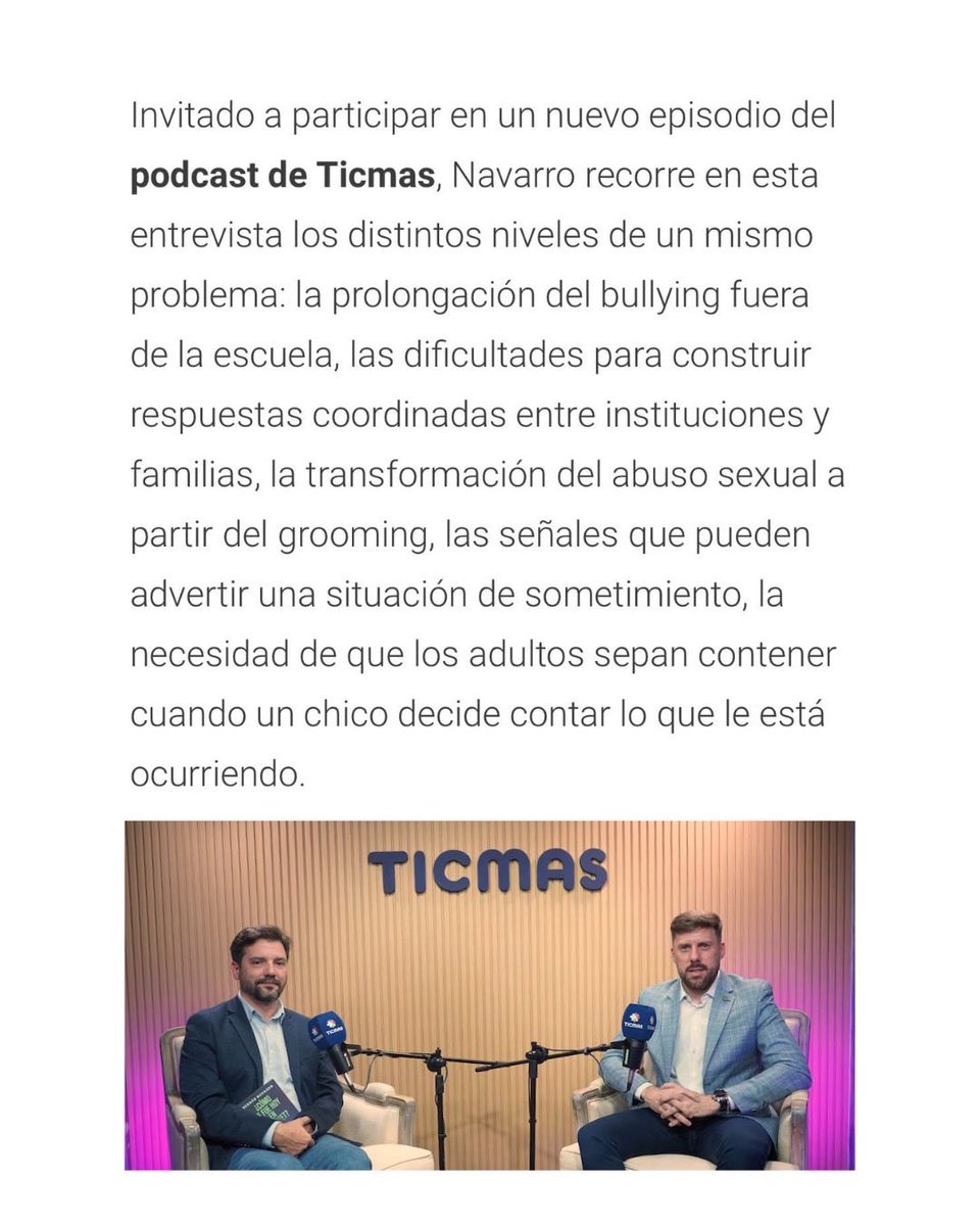 GroomingArg's tweet photo. 🚨 "LA VÍCTIMA QUEDA REHÉN DE UNA SITUACIÓN QUE PUEDE SER PERPETUA"

📰 El Dr. @hernangnavarro pasó por el podcast de @TICMAS_EDU de @infobae para abordar cómo la hiperconectividad y la falta de fronteras entre la escuela y el hogar transforman las dinámicas del acoso y las violencias hacia niñas, niños y adolescentes.

💬 Durante la entrevista, remarcó la importancia de creer en la palabra de las infancias y adolescencias, reconocer que lo que ocurre en las pantallas es real y habilitar el diálogo en casa para evitar el secuestro emocional al que expone el #Grooming.

📖 Encontrá las herramientas para intervenir a tiempo en su libro "¿Cómo te fue hoy en Internet?", disponible en librerías de todo el país o ingresando acá: https://t.co/jX6BfjWjrS