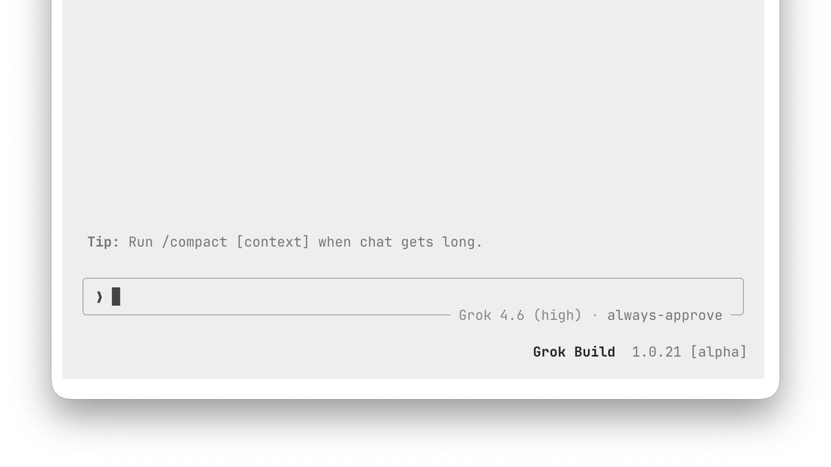 XFreeze's tweet photo. Three Grok Build updates in a single day: v1.0.19 → v1.0.20 → v1.0.21

And the latest one keeps polishing the experience......permission modes now stay visible through plan mode, sessions open instantly when you start typing or pasting, and crowded terminal layouts behave properly

The release cadence here is getting ridiculous again

Release Notes: v1.0.21

Bug Fixes:
• Permission mode (auto / always-approve) now stays visible when the agent enters plan mode and is restored on exit.
• Typing, pasting, or pressing Shift+Tab on the welcome screen now immediately opens the session instead of creating a duplicate one.
• Dock sections, queue body, and reveal rows now stay within their documented height rules even on crowded terminals.