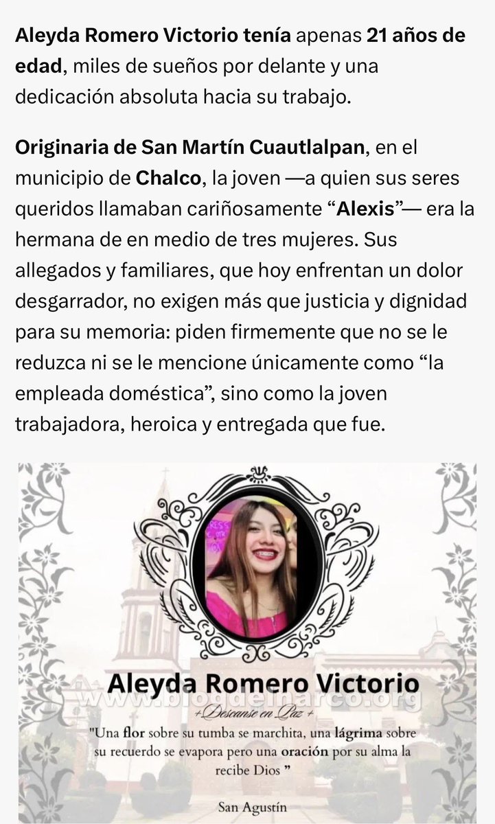 DahliaBat's tweet photo. De cualquier forma yo estoy dispuesta a seguir jugando al Mickey.

A seguir creyéndome aquella y a seguir diciéndoles pendejas a las pendejas y pendejos a los pendejos hasta que la dignidad se haga costumbre. 

Porque aunque en su momento me insulten sobre todo por mi físico, me amenacen y me pendejeen…. 

Eventualmente el tiempo me da la razón: Estoy segura de que si muchas personas no hubiéramos puesto sobre la mesa que Alexis necesitaba ser nombrada en las narrativas mediáticas más allá de “la trabajadora doméstica” probablemente no habrían ido a cubrir su funeral ni le habrían dado voz a las víctimas colaterales, que es su familia. 

Y lo que más me sorprende de todo es la cobertura que le dio el medio que menos me esperaba: Blog del Narco.

Precisamente su familia dice que NO quiere que Alexis sea reducida a “la trabajadora del hogar”, “la empleada” o “la trabajadora doméstica”. 

Quieren que sea recordada como Alexis. Una mujer trabajadora que estudió una carrera técnica en enfermería, que era sonriente y amiguera, que tenía sueños, que quería superarse y que quería viajar por el mundo.

Eso era lo que significaba decir que Alexis necesitaba ser nombrada.

Ustedes sigan chingando. 

Al final lo único que van a conseguir es que el Estado termine poniéndome hasta una pinche troca blindada.

Pero hacer que me calle, que me vaya de redes o que me haga chiquita para que ustedes estén cómodos, JAMÁS.

Alexis, descansa en poder.