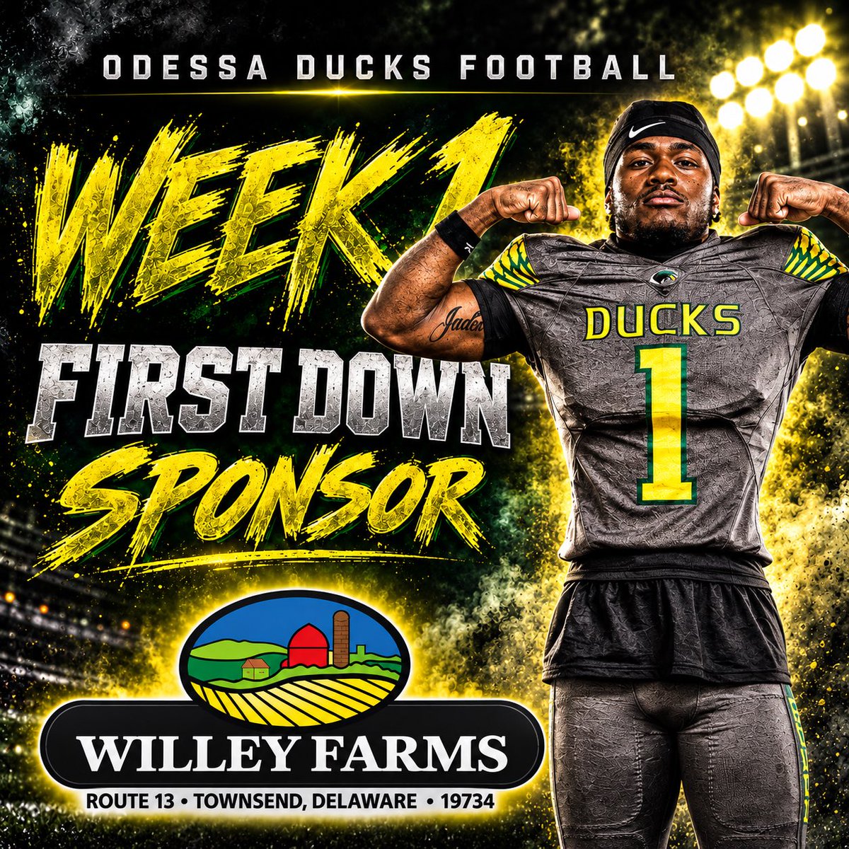 DuckNationFB's tweet photo. 🏈 WEEK 1 — THANK YOU! 💚💛

We want to give a HUGE shoutout to this weeks First Down Sponsor, Willey Farms! 🦆🏈

Your support of Odessa Football helps make the student-athlete experience possible, and we are incredibly grateful for your support! https://t.co/1G5Ao1PqbT
