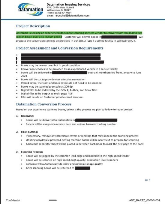 mazzenilsson's tweet photo. A leaked Anthropic document just came out in court. Their own words:

"Project Panama is our effort to destructively scan all the books in the world."

Next line: "We don't want it to be known that we are working on this."

They planned to shred every book on the planet, in secret. And almost they got away with it.