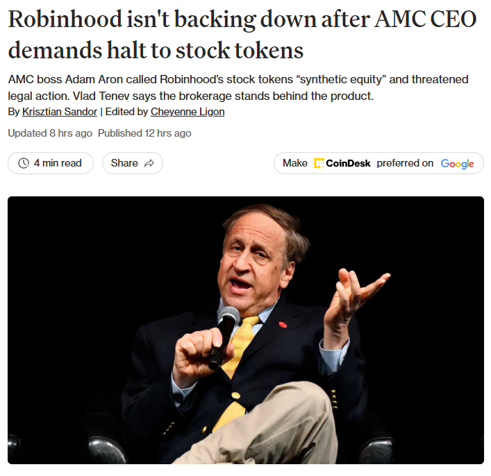 thisisksa's tweet photo. Things are getting spicy in the tokenized stocks market.

AMC CEO Adam Aron just told Robinhood to stop trading its $AMC stock token.

He argues that AMC never authorized it, investors don’t actually get AMC shares or shareholder rights, and the token could create a separate market for AMC stock.

Robinhood isn’t backing down either.

Its CEO says they stand behind Stock Tokens.

And this is bigger than AMC.

The tokenized stock market is already around $3.6B and could grow massively from here.

But if companies can have their stocks turned into tokens without even being involved…

who actually owns what? 🤔