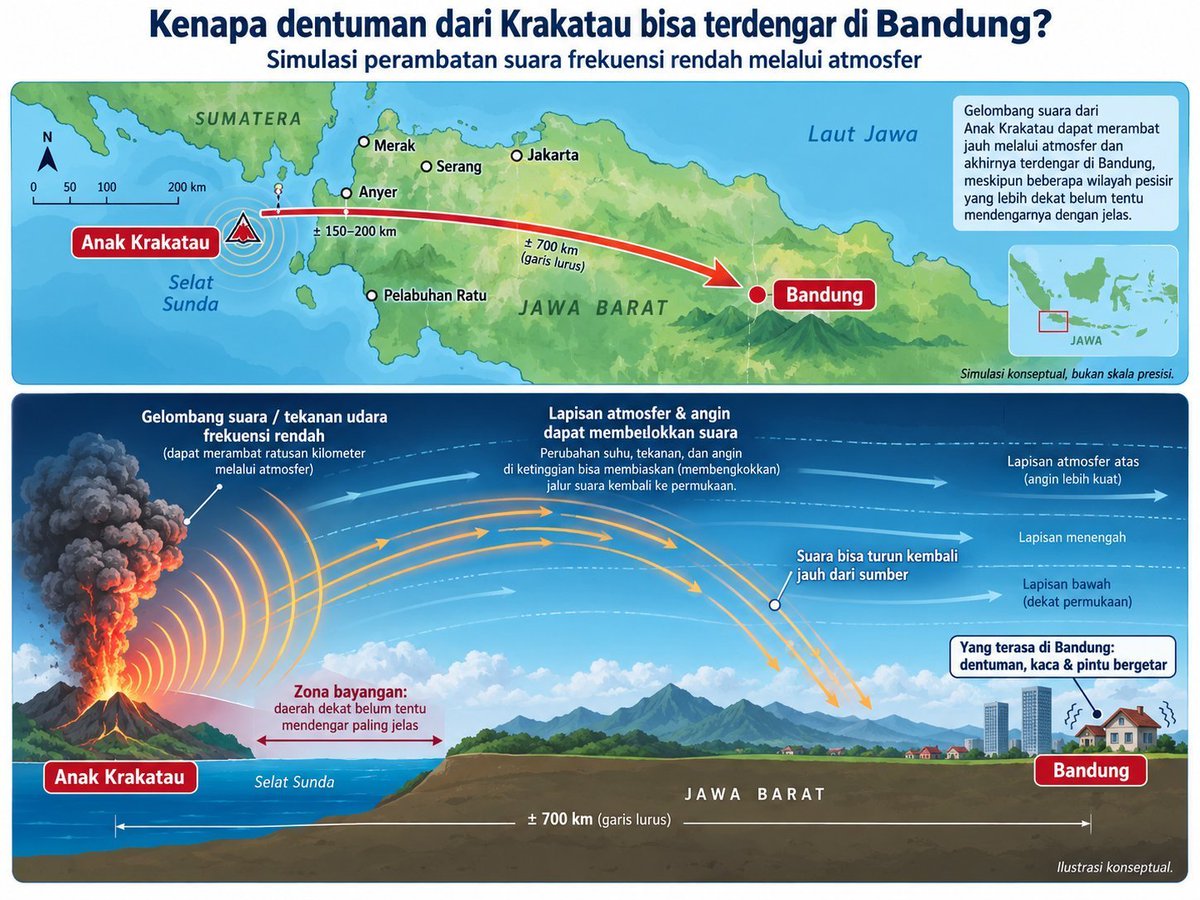 indepenSumatera's tweet photo. INI PENJELASANYA WAK

HEBOH DENTUMAN MISTERIUS DI BANDUNG RAYA TADI MALAM

TERKUAK DUDUK PERKARA & DUGAAN TERKUAT PENYEBABNYA! 

Warga Bandung Raya hingga sejumlah wilayah di Jawa Barat mendadak dihebohkan oleh suara dentuman keras bertubi-tubi yang disertai getaran pintu dan kaca rumah pada Jumat malam (4/9/2026) hingga Sabtu dini hari (5/9/2026) sekitar pukul 23.30–02.00 WIB!

Suara bergemuruh berfrekuensi rendah  tersebut bikin warga was-was dan heboh di media sosial. Lantas, apa sebenarnya yang terjadi?!

Rincian fakta terkini & penjelasan instansi/ahli terkait fenomena ini wak.

DUGAAN KUAT
GELOMBANG KEJUK ERUPSI GUNUNG ANAK KRAKATAU!

Badan Geologi dan PVMBG mengonfirmasi bahwa dugaan terbesar sumber suara dentuman tersebut berasal dari Erupsi Beruntun Gunung Anak Krakatau di Selat Sunda yang terjadi sejak Jumat malam (4/9) pukul 22.42 WIB hingga Sabtu dini hari!

Bagaimana suara dari Selat Sunda bisa terdengar sampai Bandung Raya?!
Secara ilmiah, letusan eksplosif gunung api dapat menghasilkan gelombang kejut frekuensi rendah. Gelombang akustik ini mampu merambat sangat jauh melalui lapisan atmosfer (inversi suhu malam hari) hingga ratusan kilometer tanpa kehilangan energi secara signifikan, lalu beresonansi memicu getaran pada kaca rumah!

FAKTOR CUACA & GELOMBANG AKUSTIK ATMOSFER

Pakar atmosfer mengindikasikan bahwa kondisi kelembapan tinggi dan suhu udara dingin di langit Bandung pada malam hari memperkuat pemantulan gelombang suara dari atmosfer kembali ke permukaan tanah, sehingga suara dentuman terdengar sangat jelas seperti suara BASS/SOUND HOREG dari dekat!

BUKAN GEMPA TEKTONIK LOKAL

BMKG dan Badan Geologi memastikan bahwa selama jeda waktu fenomena dentuman terjadi, TIDAK TEREKAM adanya aktivitas gempa bumi tektonik lokal berkekuatan signifikan di wilayah Bandung Raya (seperti dari Sesar Lembang atau Sesar Garsela).

Meskipun dentuman sempat memicu kekhawatiran, masyarakat Bandung Raya dan sekitarnya diimbau untuk TETAP TENANG dan tidak terpengaruh oleh isu-isu hoaks yang mengaitkan fenomena ini dengan bencana lokal!

Semalam kalian di wilayah Bandung (Timur, Selatan, Kota, atau Cimahi) pada dengar suara dentuman dan kaca bergetar juga jam berapa wak?